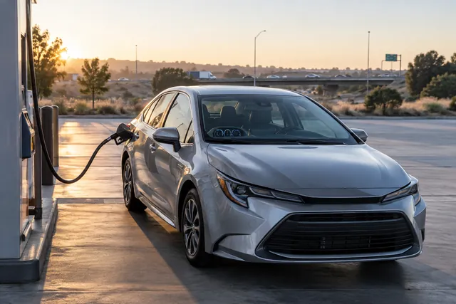 Fuel-efficient hybrid sedan refueling at a gas station with its dashboard displaying a high miles-per-gallon reading
