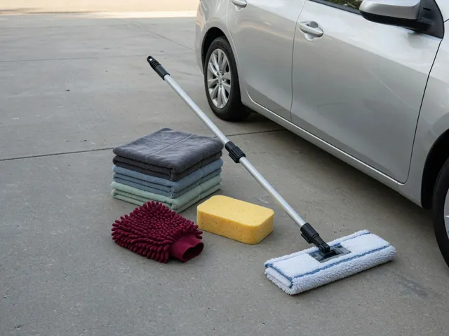 Clean wash mitt, sponge, microfiber towels, and a padded wash mop arranged beside a car