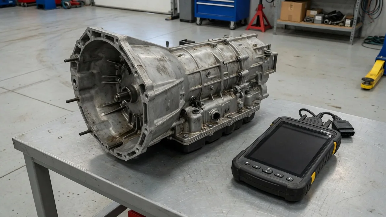 Automatic transmission housing beside a diagnostic scan tool in an automotive service bay