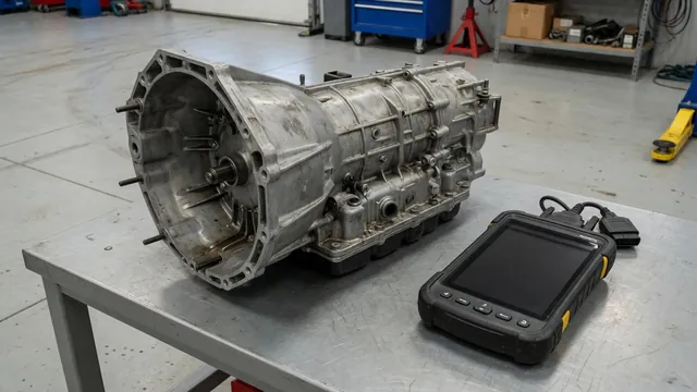 Automatic transmission housing beside a diagnostic scan tool in an automotive service bay