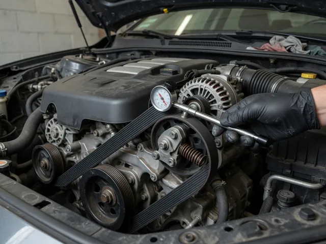 Gloved hand checking serpentine belt tension with a gauge on an engine's accessory drive belt