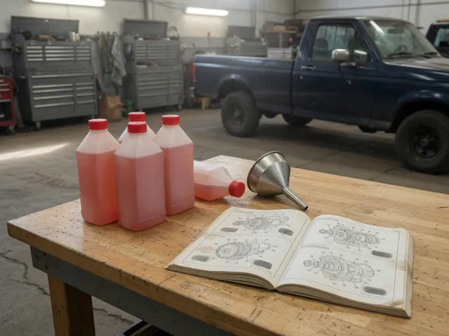 Transmission fluid bottles beside a truck maintenance manual and a clean funnel on a workshop bench