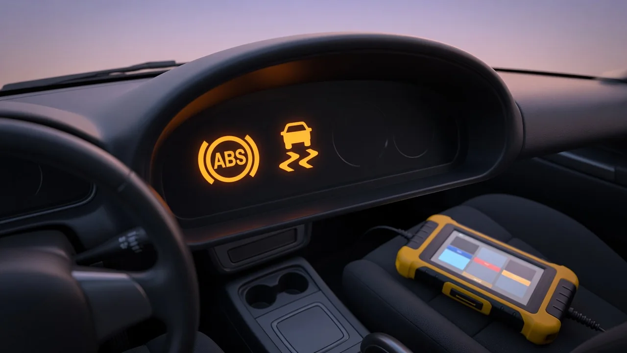 Car dashboard showing ABS and traction control warning lights next to a diagnostic scan tool