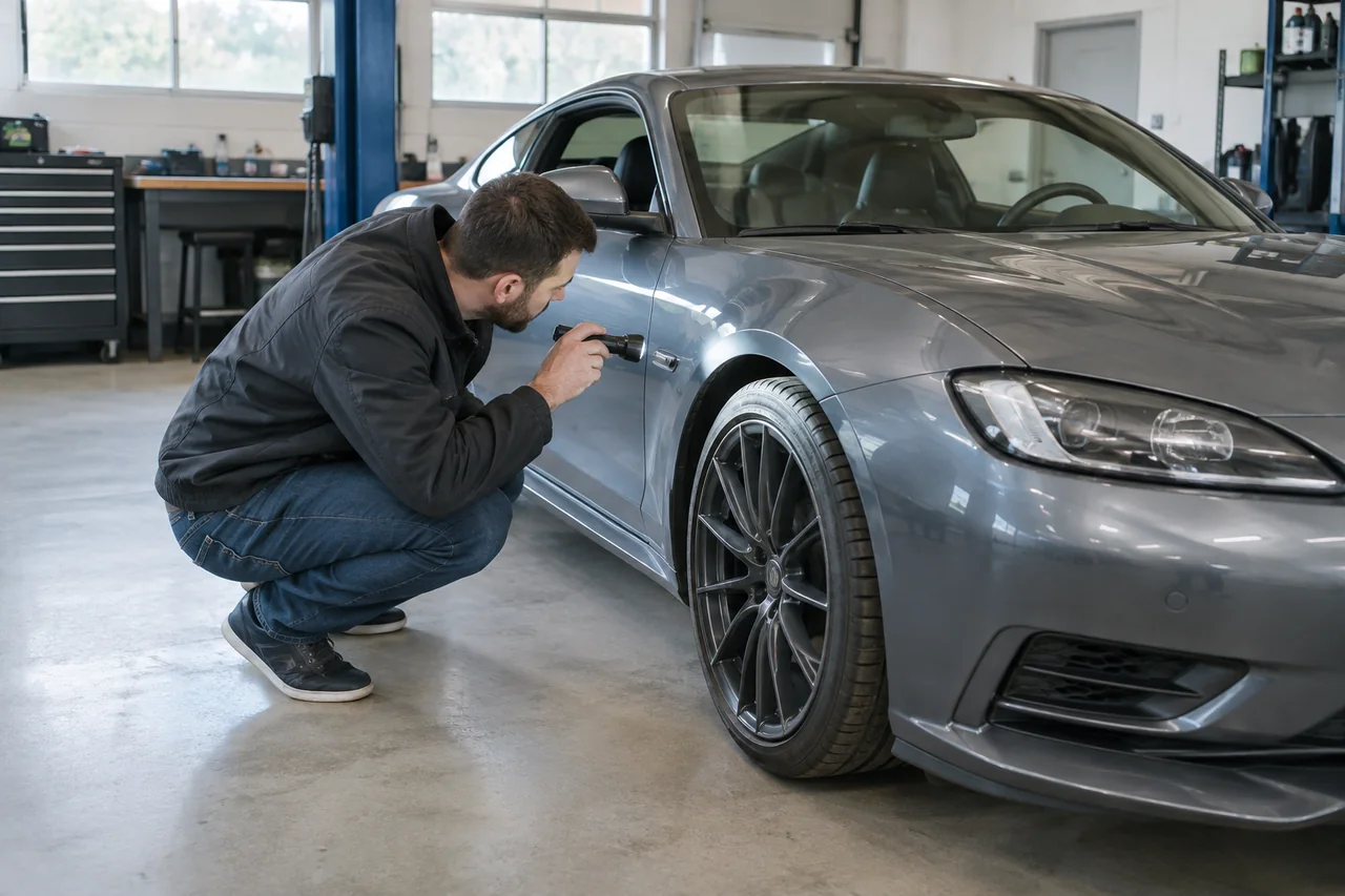 Buyer using a flashlight to check the front tire and brakes of a used sports coupe in a repair shop