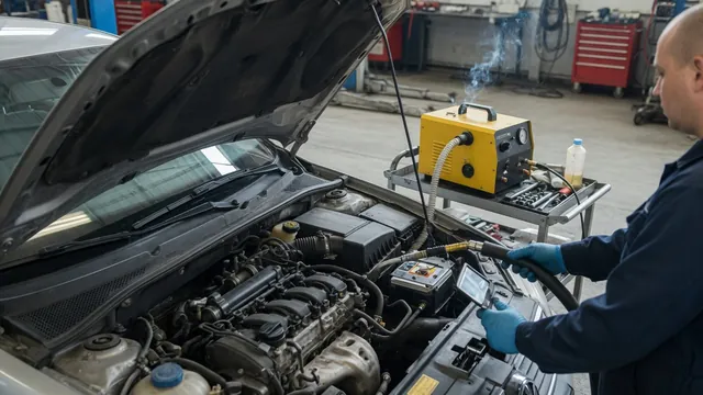 Automotive smoke tester connected under a car hood while a technician checks a hose connection for escaping smoke.