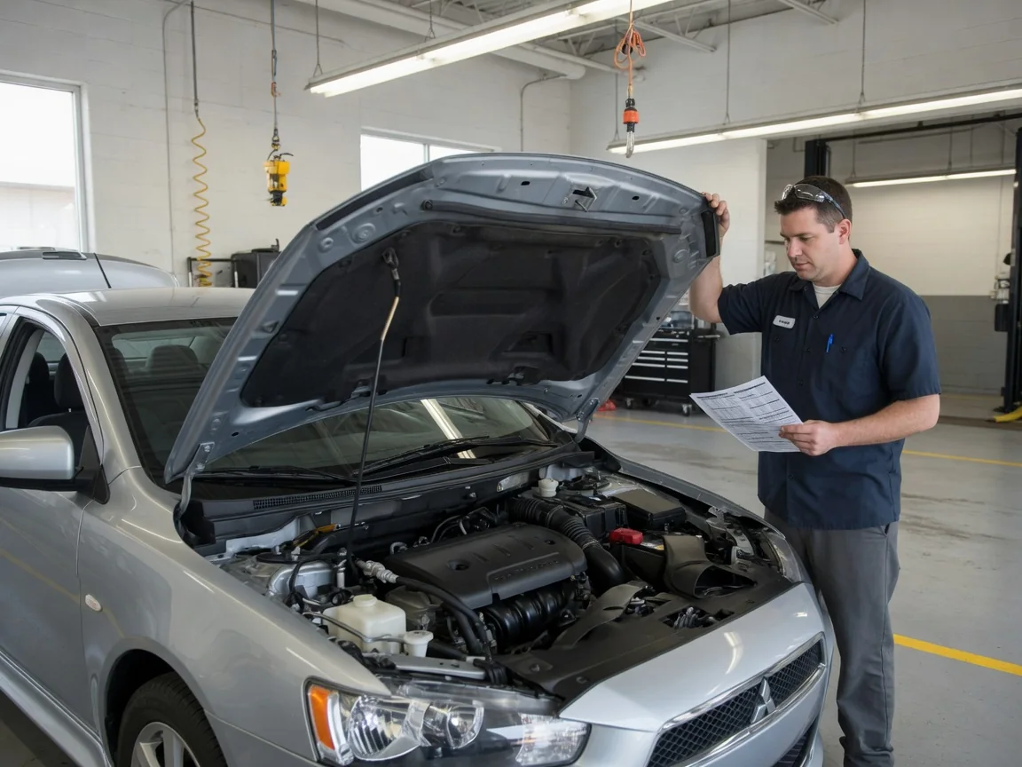 Mitsubishi Lancer parked in a clean service bay with its hood open for inspection