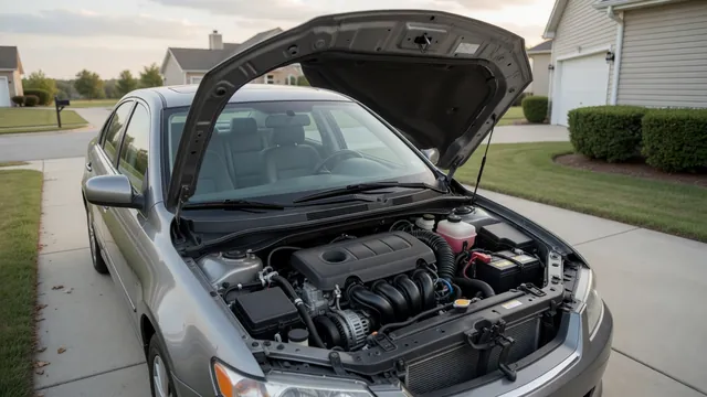 Parked car with its hood open and engine off, ready for a visual inspection