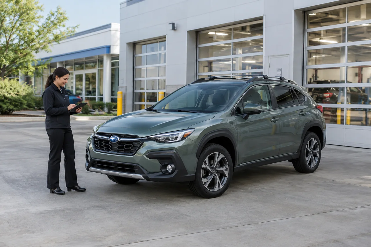 Subaru Crosstrek Hybrid parked outside a service center for a battery evaluation