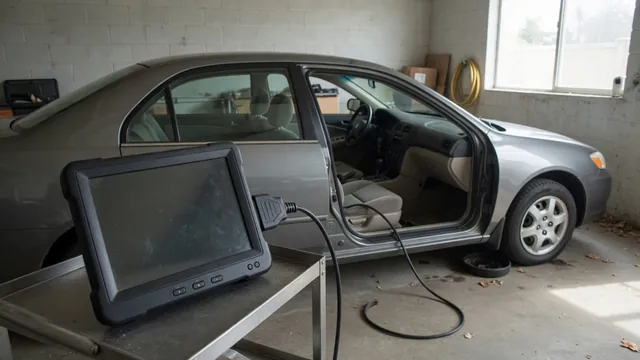 Diagnostic scanner displaying P1111 beside a parked vehicle with its engine off