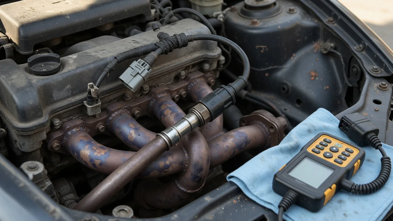 Upstream oxygen sensor and heater wiring near an exhaust manifold, with a diagnostic scan tool nearby