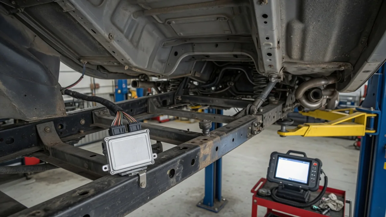 Fuel pump driver module mounted under a pickup truck, with a diagnostic scan tool on a nearby workbench