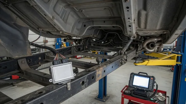 Fuel pump driver module mounted under a pickup truck, with a diagnostic scan tool on a nearby workbench