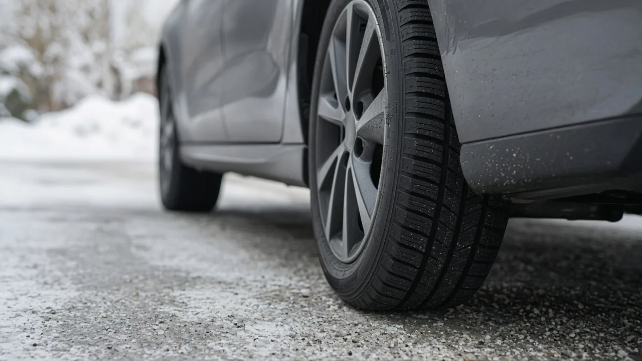 Close-up of tire tread on a parked car beside a snow-covered driveway