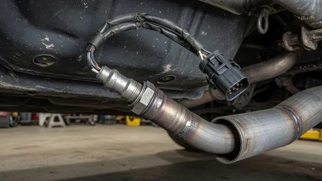 Illustration of an oxygen sensor mounted in a vehicle exhaust pipe with its electrical connector visible
