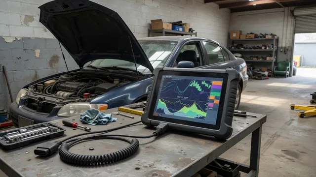 Diagnostic scanner displaying P1638 beside a parked vehicle in an automotive service bay