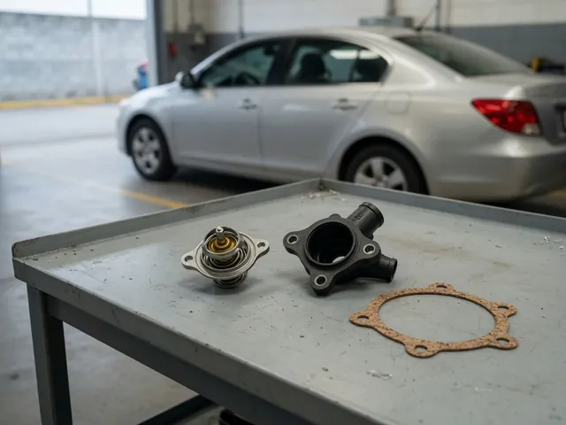 Engine thermostat, housing, and gasket arranged on a clean automotive workbench