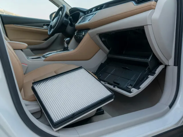 Cabin air filter beside an open glove compartment, ready for a Mazda crossover filter inspection