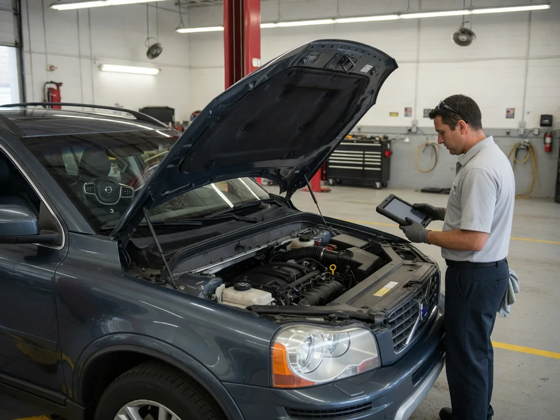 Volvo XC90 parked in a clean service bay for an engine timing inspection