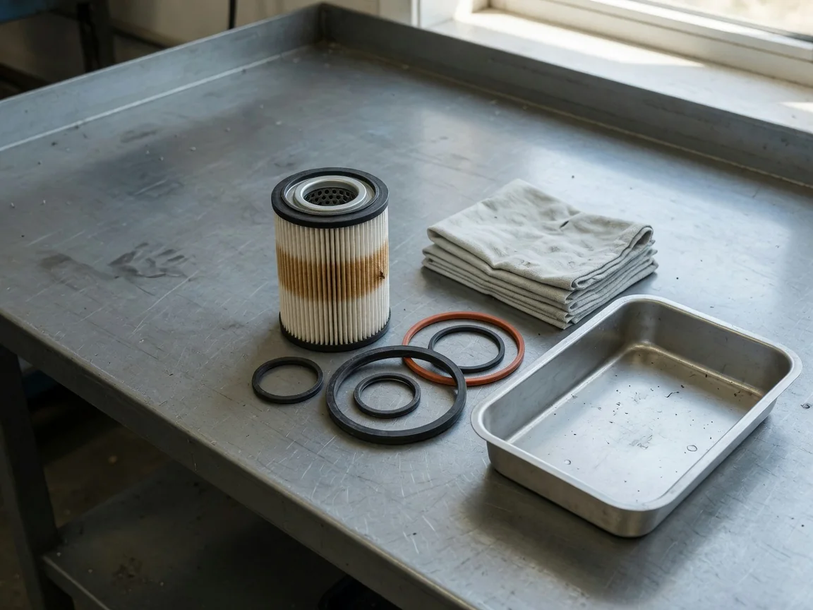 Diesel fuel filter element, replacement seals, and a clean drain pan arranged on a workbench