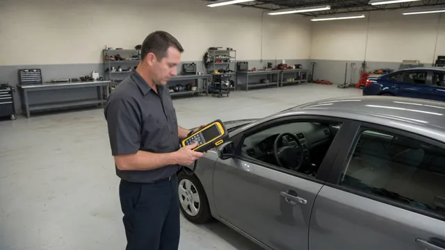 Diagnostic scan tool beside a vehicle with a technician reviewing fault code information