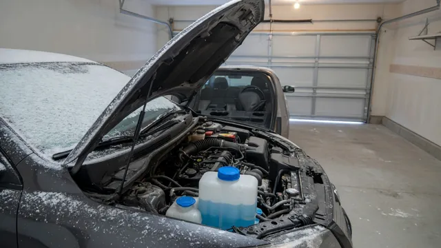 Snow-dusted car parked inside a garage with its hood open and windshield washer reservoir cap visible.