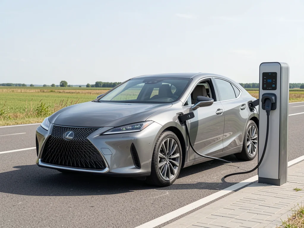 Lexus electric vehicle parked beside a charging station with an open road in the background