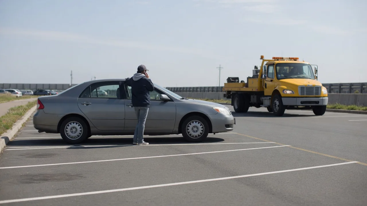 Driver waiting safely beside a parked car while roadside assistance approaches