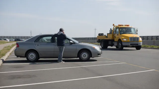 Driver waiting safely beside a parked car while roadside assistance approaches