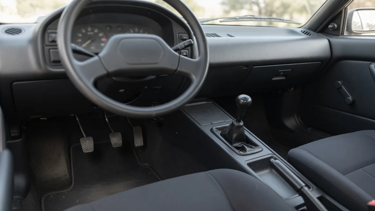Mini Cooper interior with a manual gearshift and three pedals visible
