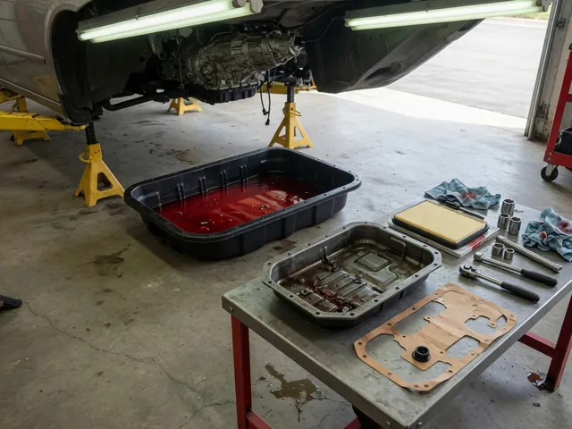 Removed automatic transmission pan on a workbench next to a new filter and gasket, with a catch pan of drained fluid under a raised car.