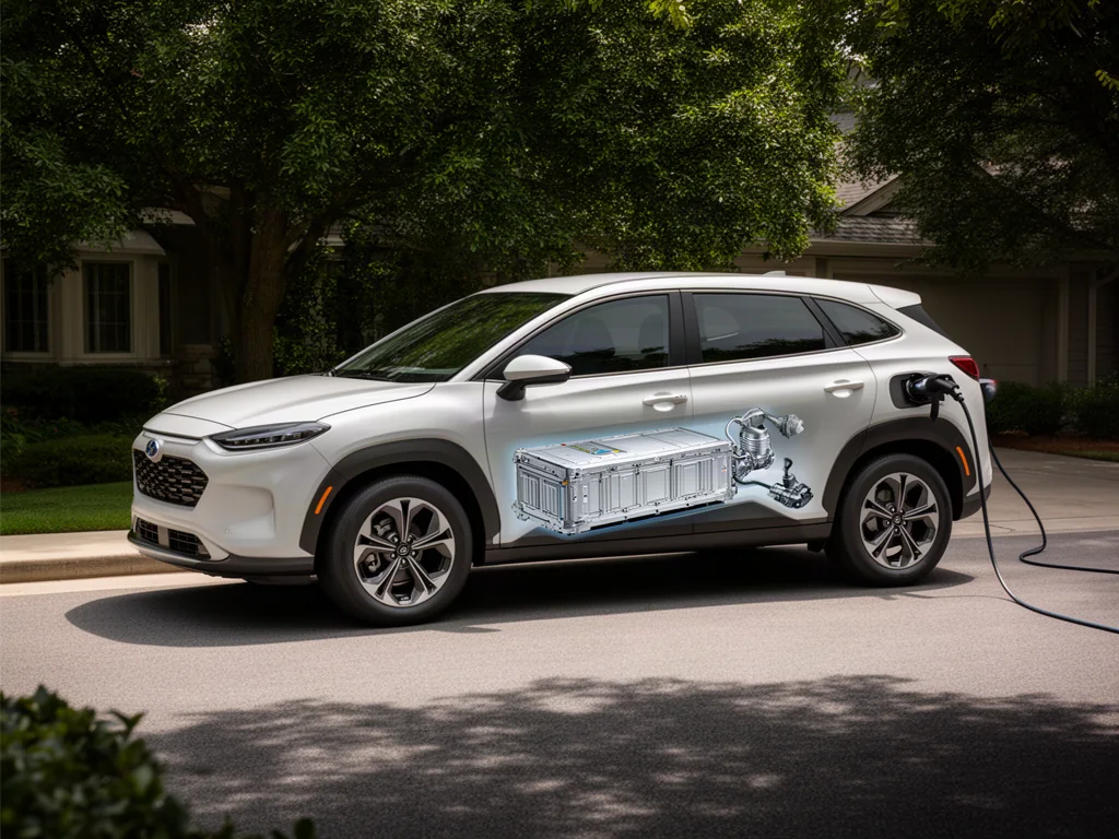 Hybrid car parked in a shaded driveway with an illustration showing the high-voltage battery location