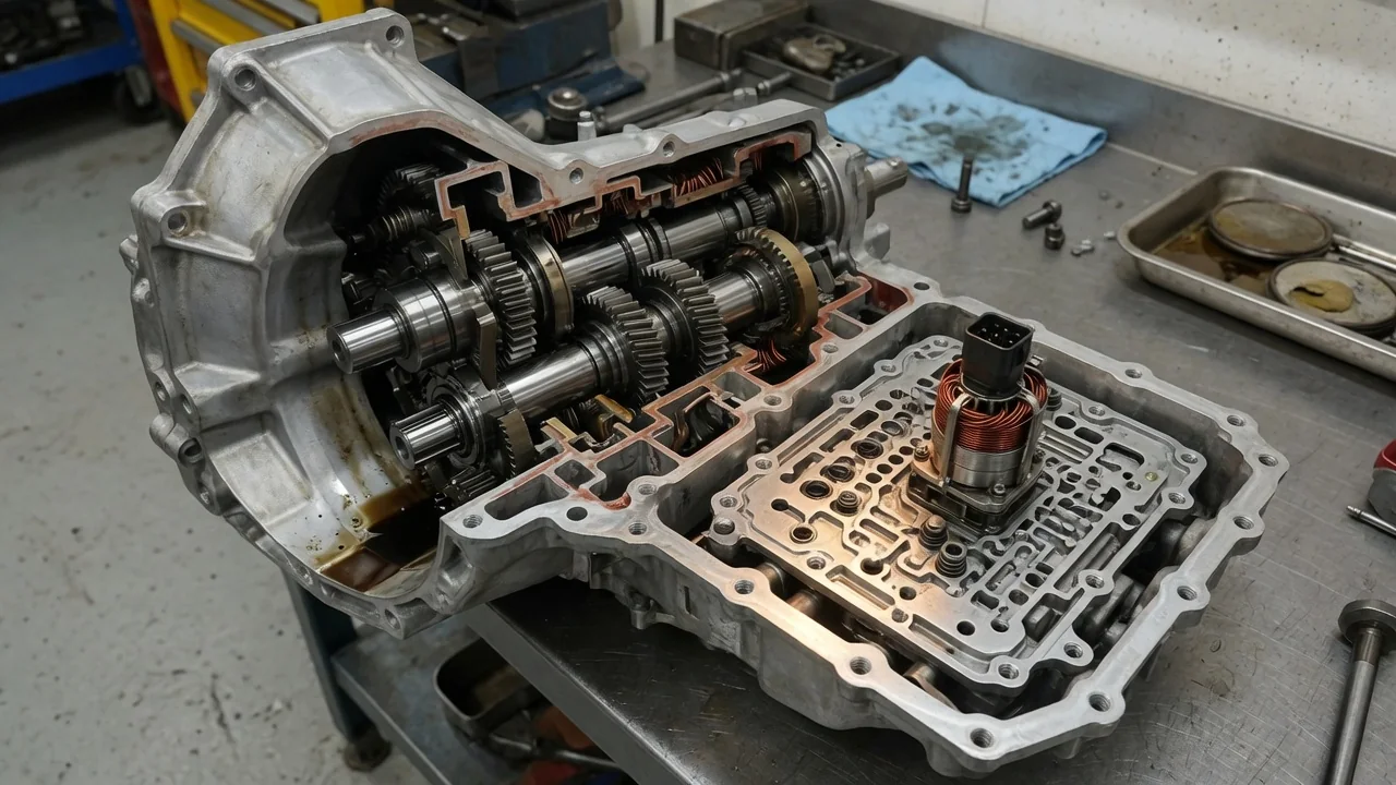 Automatic transmission cutaway highlighting a shift solenoid within the valve body