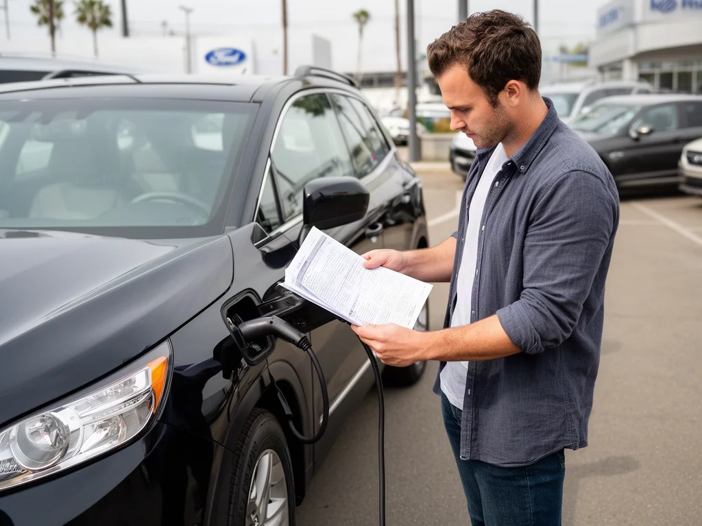Buyer reviewing certified pre-owned warranty documents beside a used car at a dealership