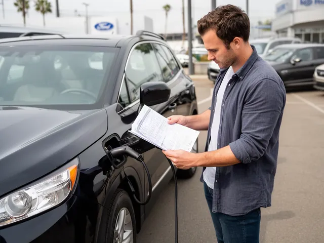 Buyer reviewing certified pre-owned warranty documents beside a used car at a dealership