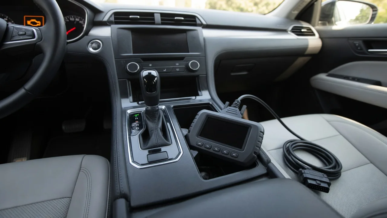 Car gear selector with an amber engine warning light on the dash and an OBD-II scan tool nearby