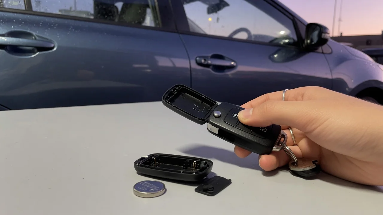 Hand pressing the unlock button on a car key fob next to an opened fob case and a replacement coin cell battery