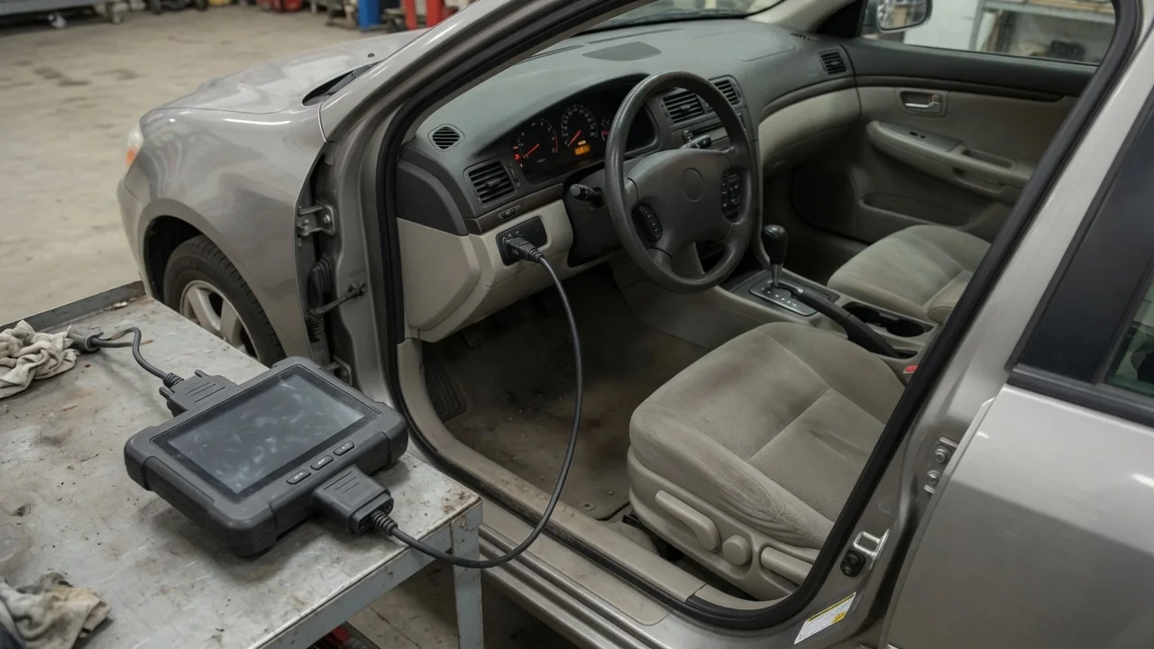 Diagnostic scanner beside a vehicle dashboard with the check engine light illuminated
