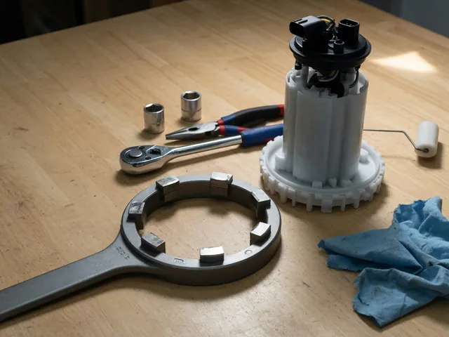 Fuel pump locking ring wrench and supporting hand tools arranged beside a clean demonstration pump module