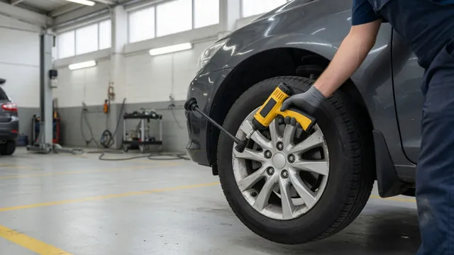 Technician holding a TPMS activation tool beside a tire valve during a sensor check