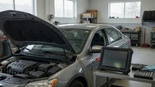 Diagnostic scanner connected inside a parked vehicle with the P1056 trouble code displayed