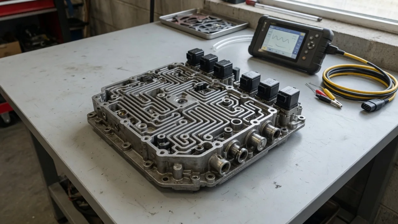 Illustration of a transmission valve body and diagnostic scanner for pressure control solenoid faults