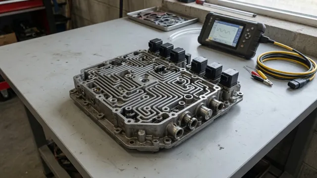 Illustration of a transmission valve body and diagnostic scanner for pressure control solenoid faults