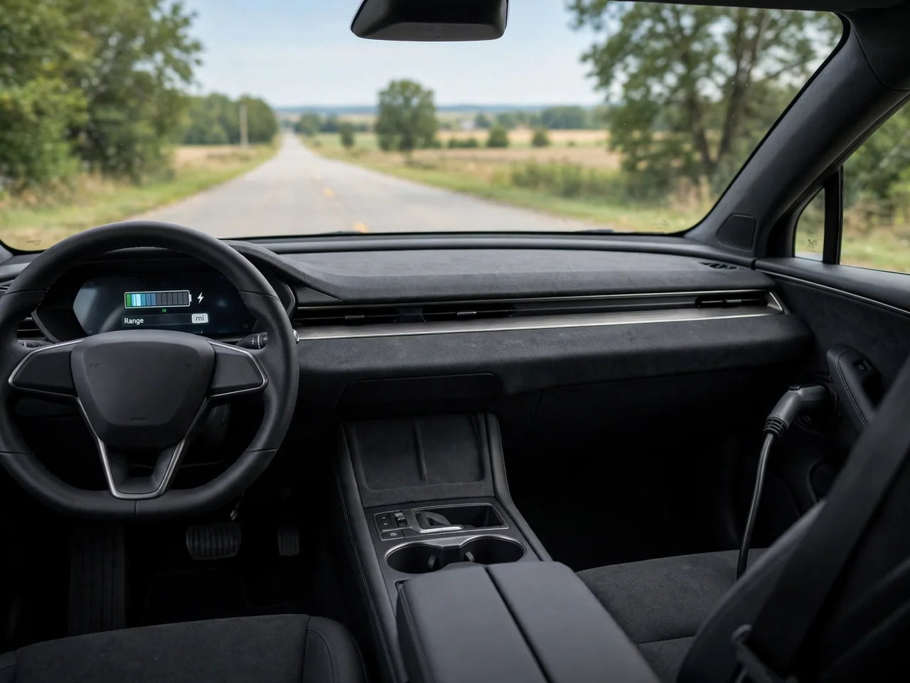 Electric vehicle dashboard showing remaining driving range in miles and battery charge level