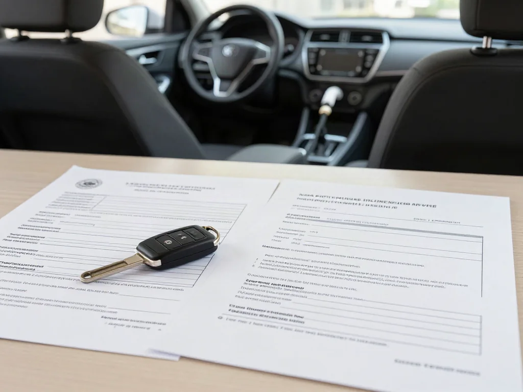 Car title paperwork, keys, and a lien release form arranged on a desk