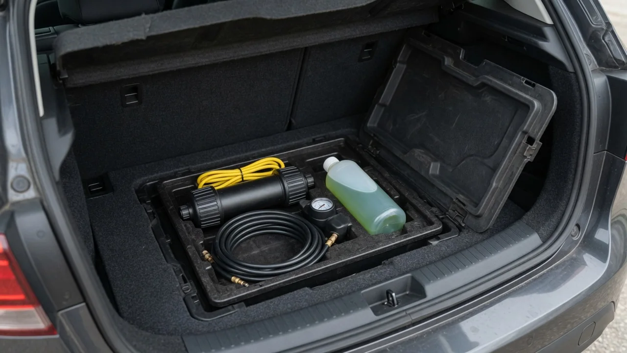 Open car cargo floor showing a tire inflator kit in a molded storage compartment