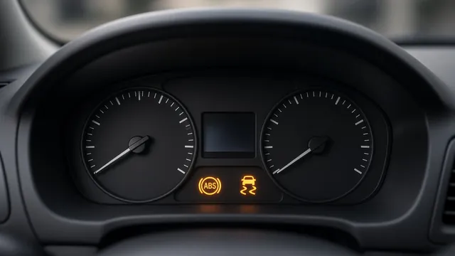 Illustrated dashboard with illuminated ABS and traction control warning symbols