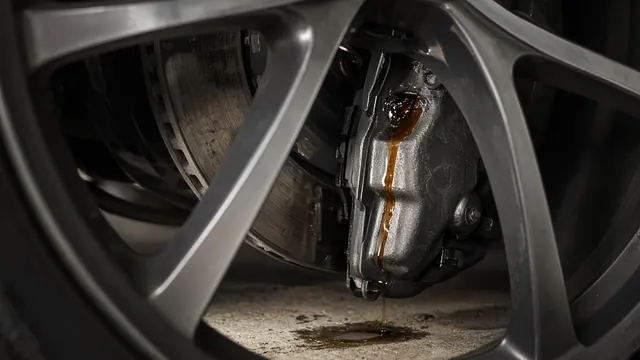 Brake fluid leaking from a car brake caliper with a small puddle on the garage floor beneath the wheel