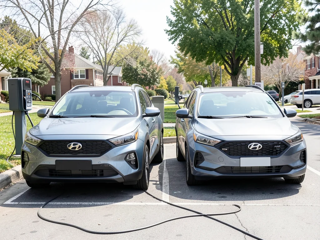 Hyundai Kona Electric and original Ioniq Electric parked beside charging stations