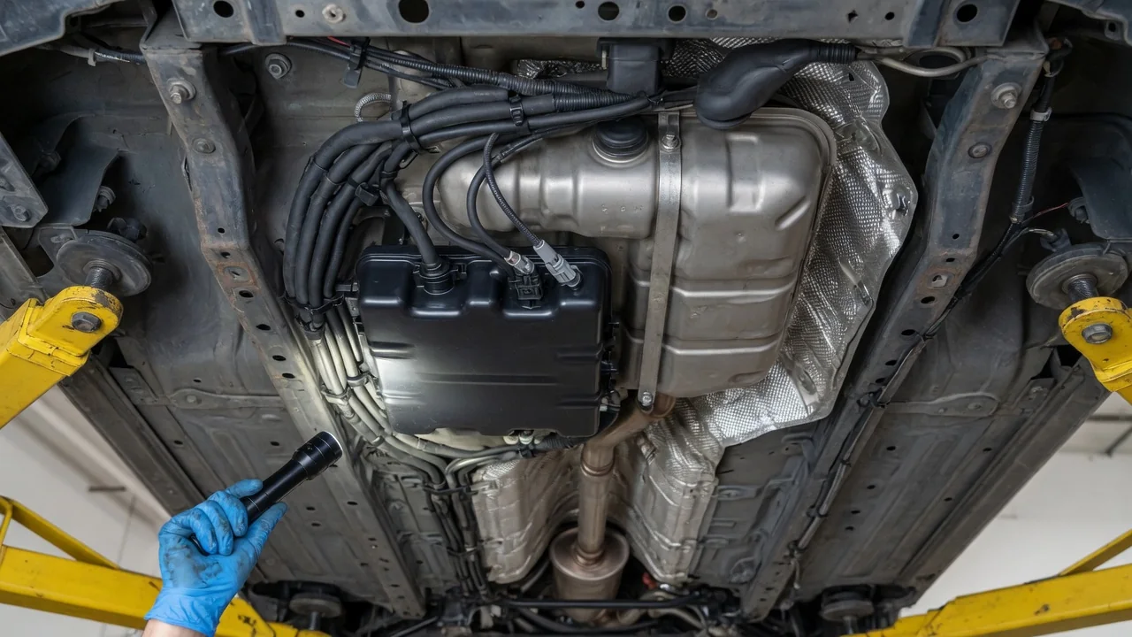 Underside of an SUV on a lift showing the fuel tank area, EVAP charcoal canister and vapor hoses being inspected