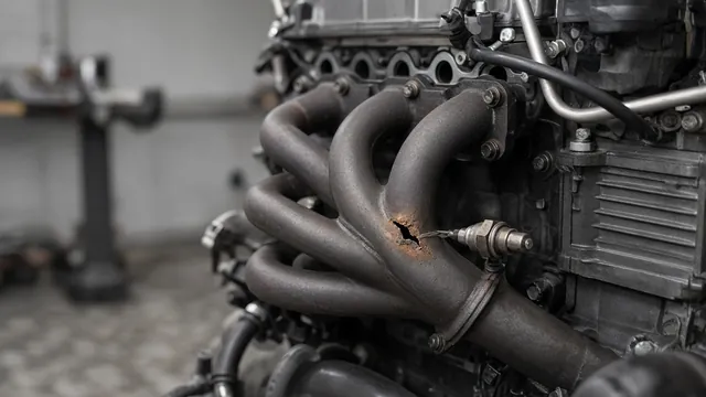 Illustration of an exhaust manifold crack and an upstream oxygen sensor near the engine